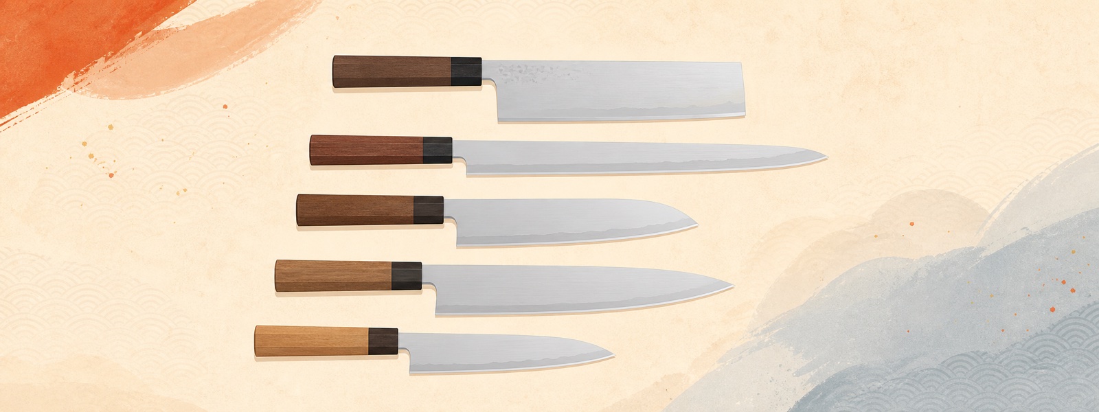 Illustration of several Japanese kitchen-knife silhouettes arranged for the BladeHunter guide.